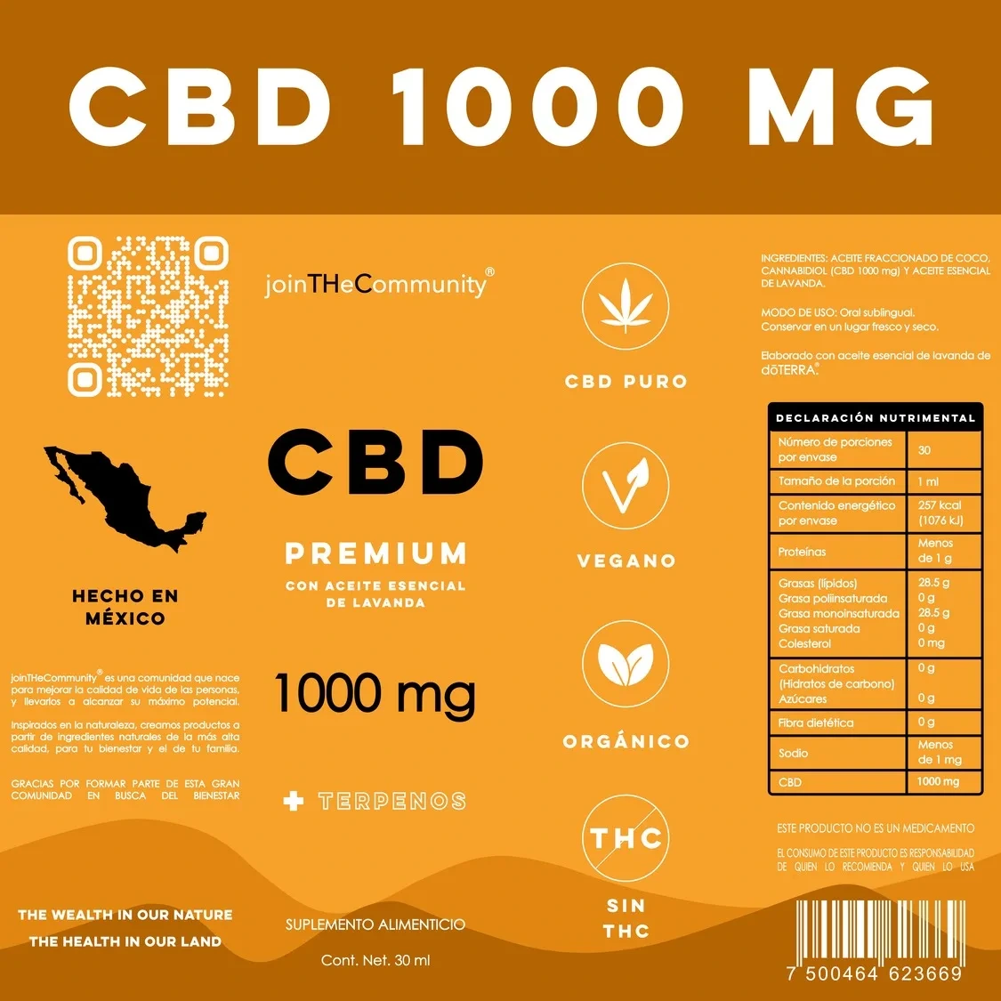 Etiqueta de Gotas CBD 1000 mg con información del producto