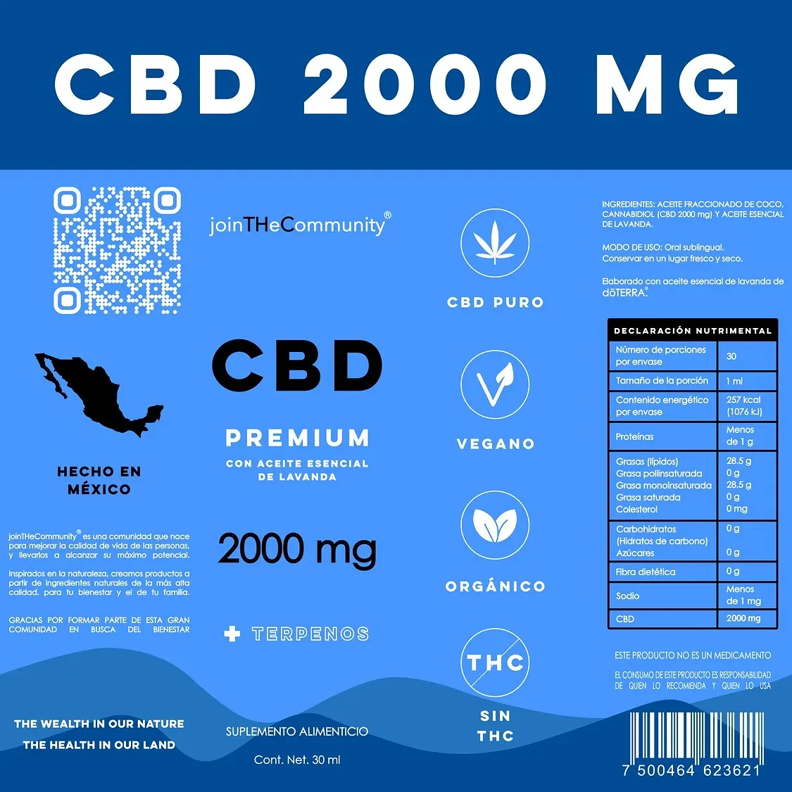 Etiqueta de Gotas CBD 2000 mg con información del producto