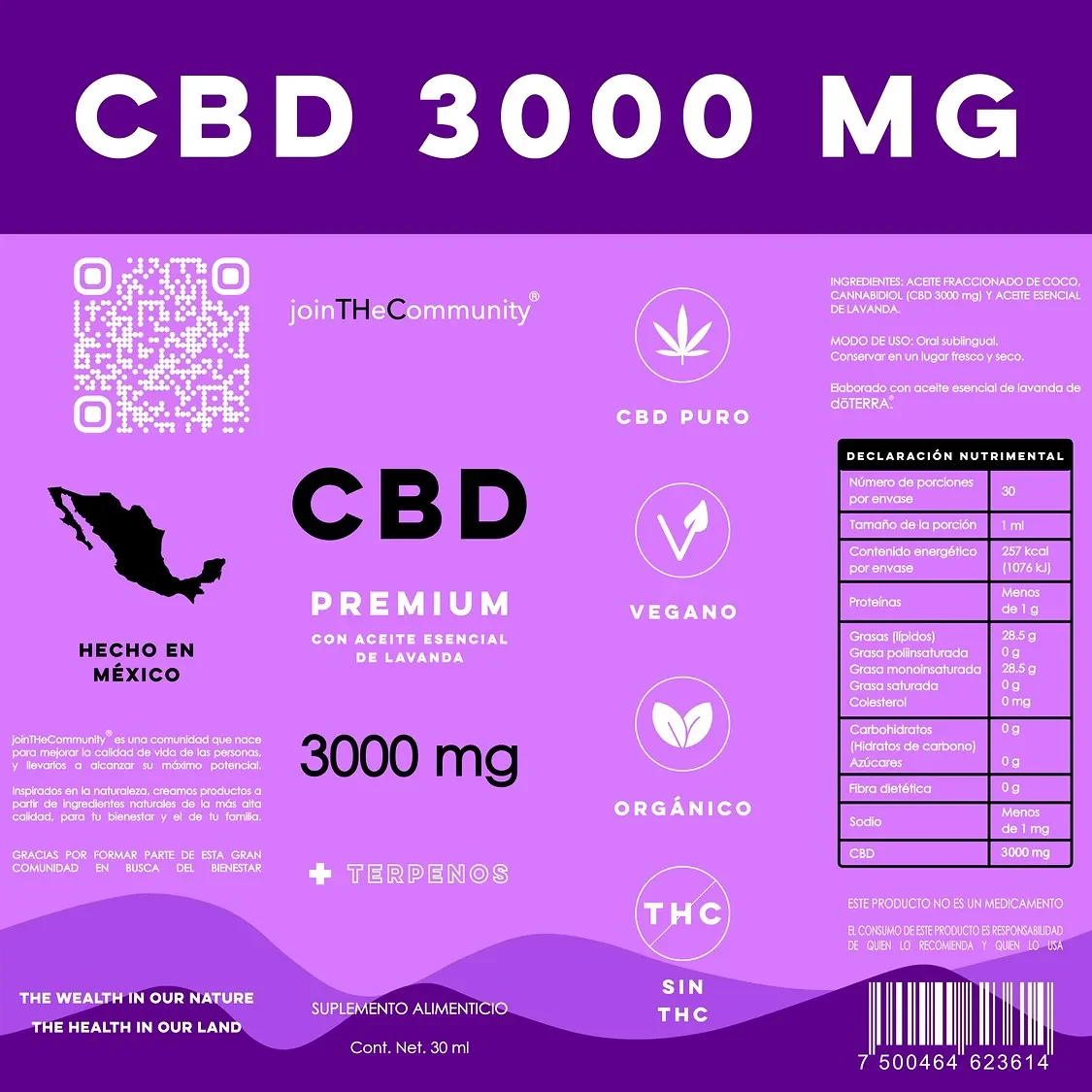 Etiqueta de Gotas CBD 3000 mg con información del producto