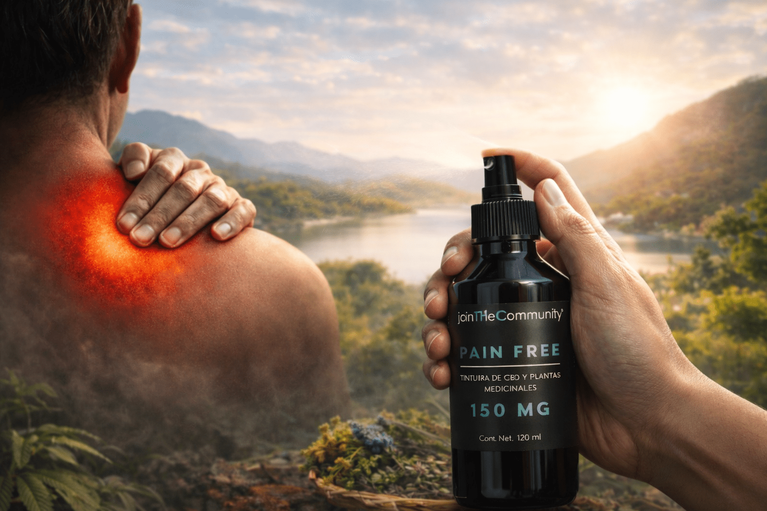 Spray de CBD Pain Free joinTHeCommunity de 150 mg aplicado directamente sobre la zona del hombro con dolor, representando alivio natural y bienestar corporal.
