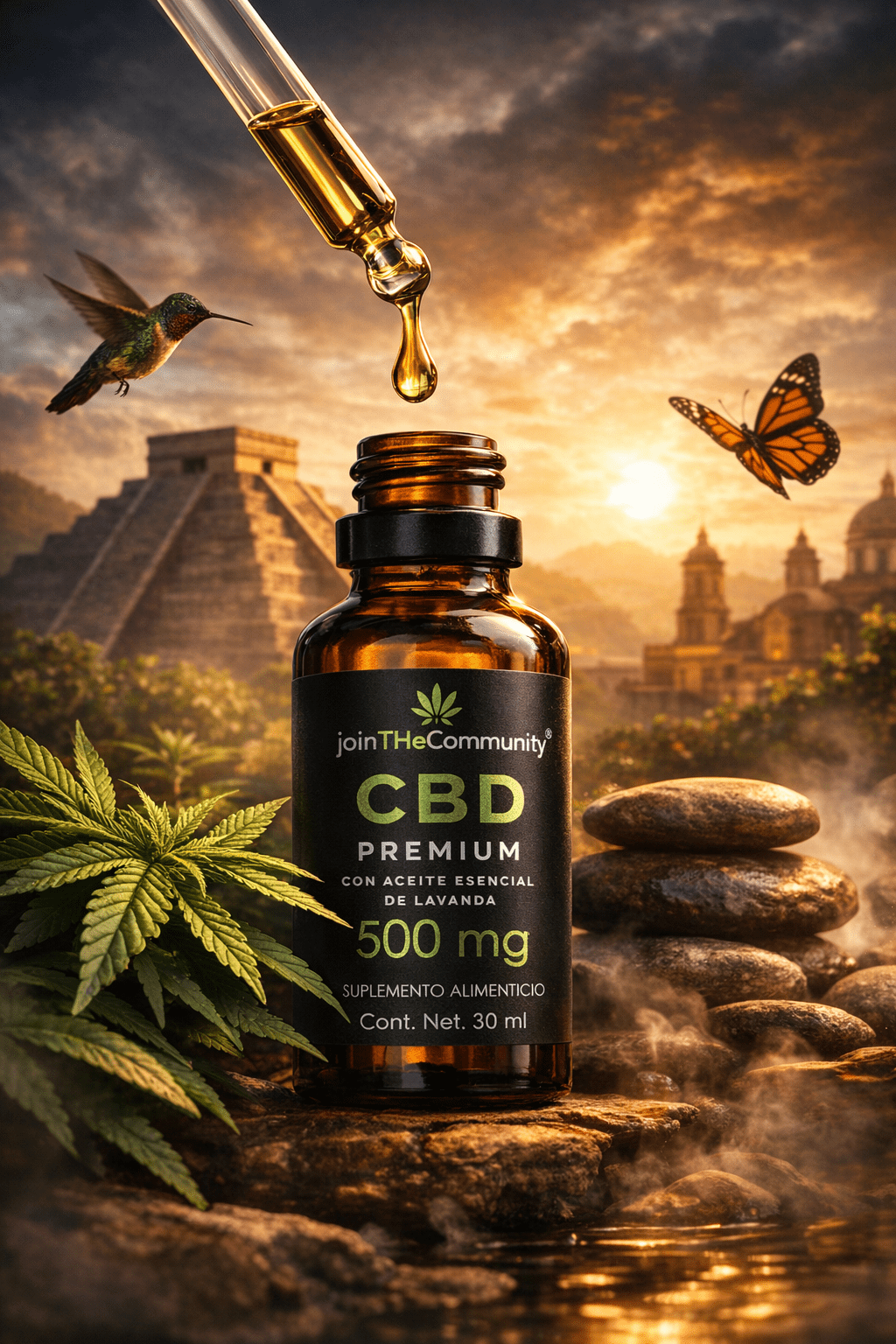 Frasco de aceite de CBD premium joinTHeCommunity de 500 mg con gotero, etiqueta negra mate y verde metalizado, ambientado en un paisaje natural de México al atardecer, representando bienestar y calidad.